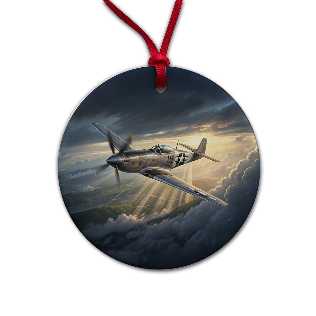 WWII Mustang US Air Force Fighter Plane In Flight Round Ceramic Holiday Christmas Tree Ornament