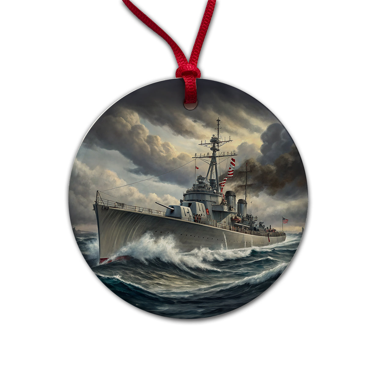 WWII Navy Destroyer Round Ceramic Holiday Christmas Tree Ornament