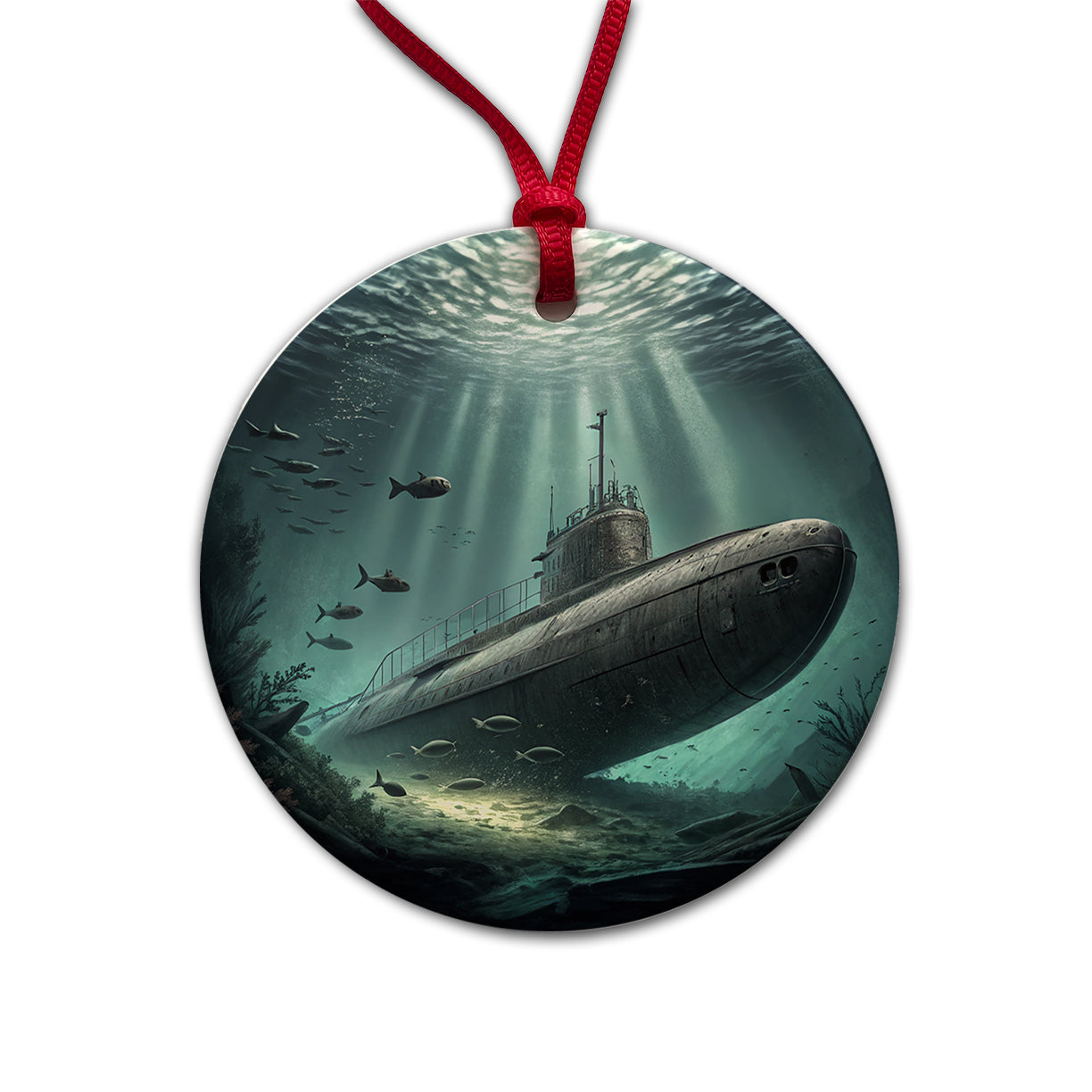 WWII Submarine Submerged Underwater Round Ceramic Holiday Christmas Tree Ornament