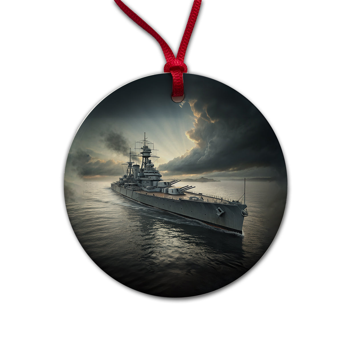 WWII US Navy Battleship At Sea Round Ceramic Holiday Christmas Tree Ornament