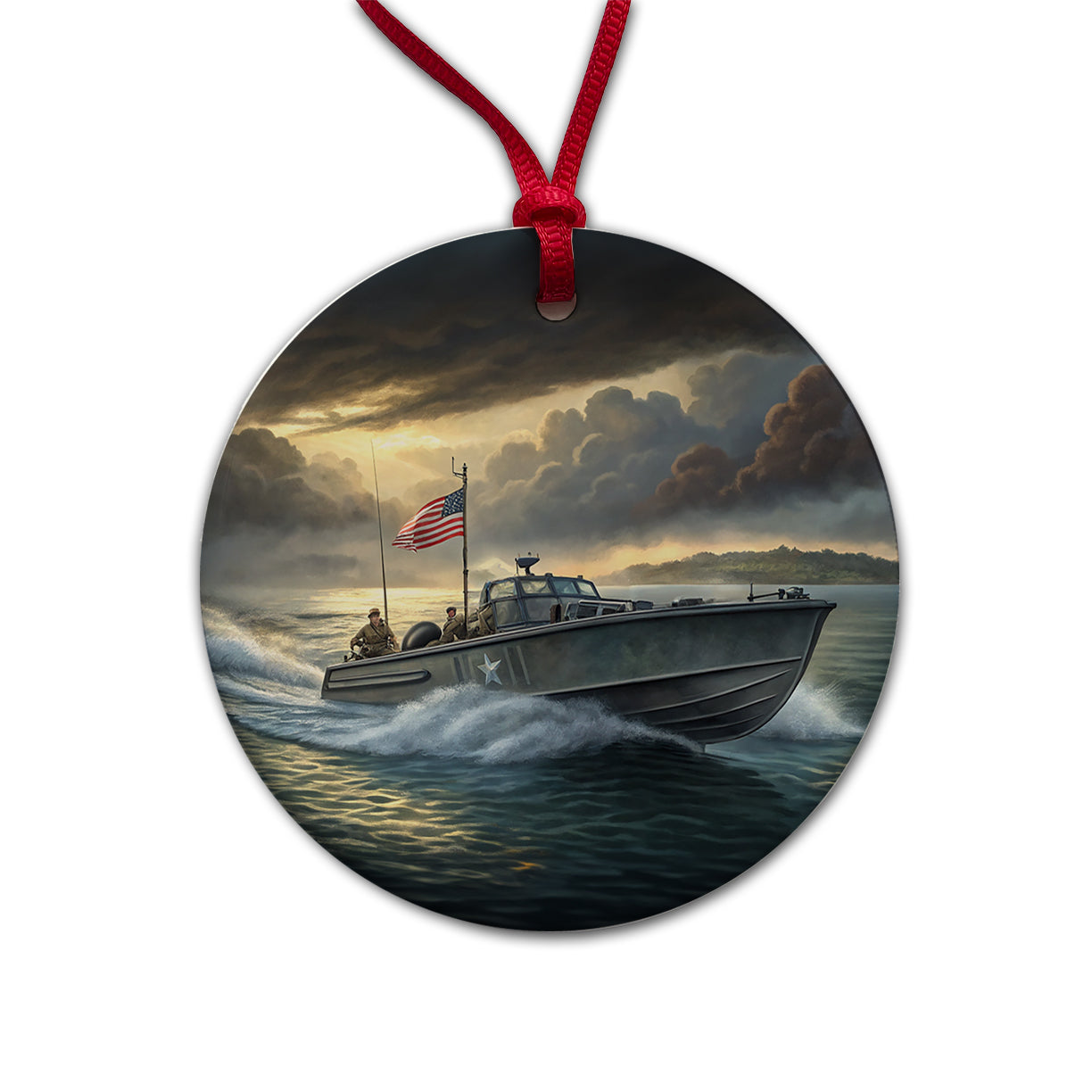 WWII US Navy PT Torpedo Boat Round Ceramic Holiday Christmas Tree Ornament