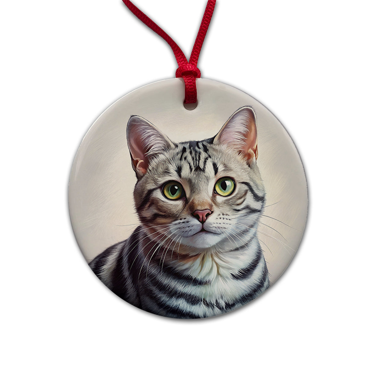 American Shorthair Cat Illustration Round Ceramic Holiday Christmas Tree Ornament