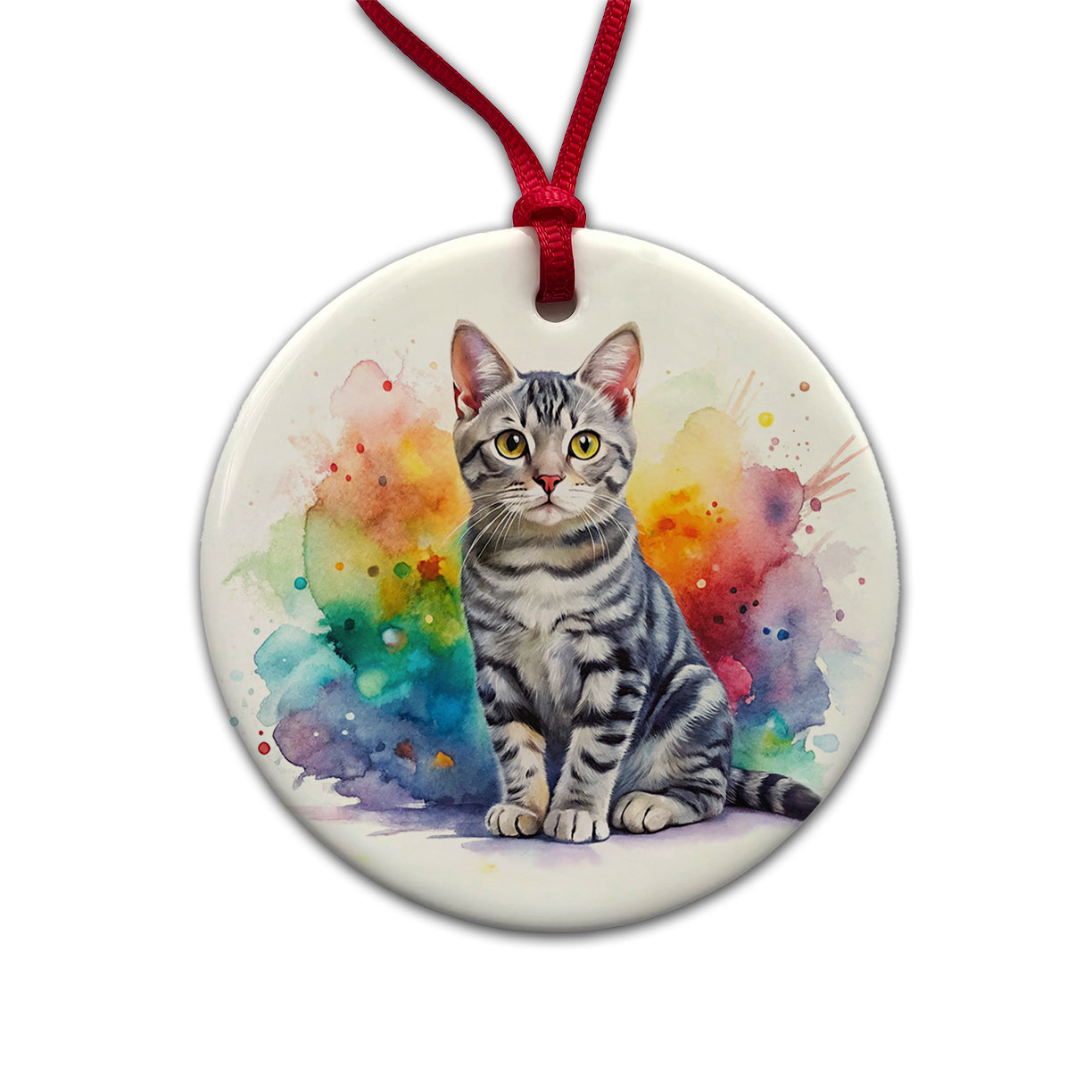 American Shorthair Cat Watercolor Style Round Ceramic Holiday Christmas Tree Ornament