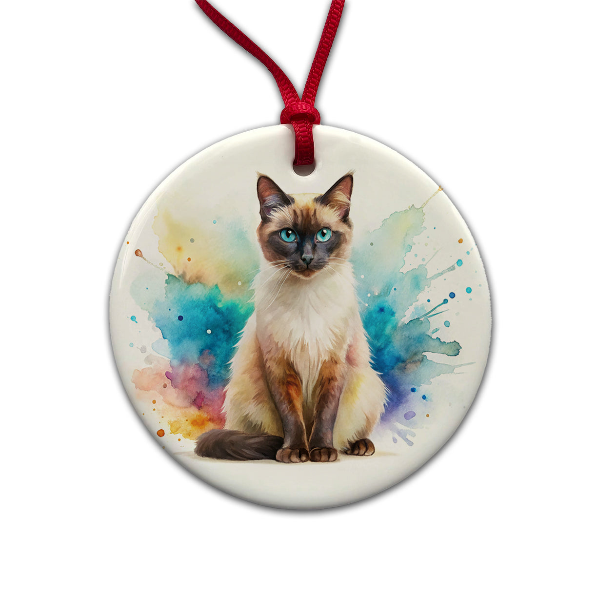 Balinese Cat Watercolor Style Round Ceramic Holiday Christmas Tree Ornament