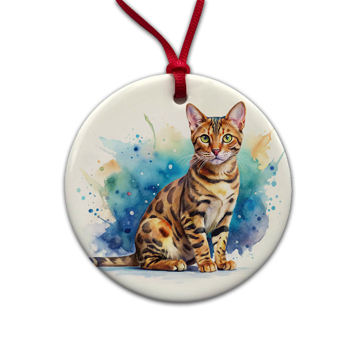 Bengal Cat Watercolor Style Round Ceramic Holiday Christmas Tree Ornament