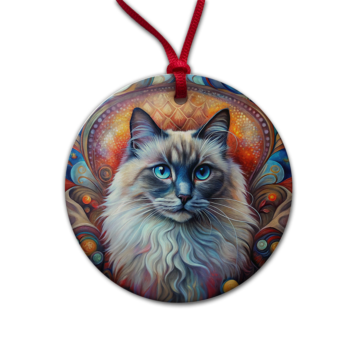 Birman Cat Abstract Art Round Ceramic Holiday Christmas Tree Ornament