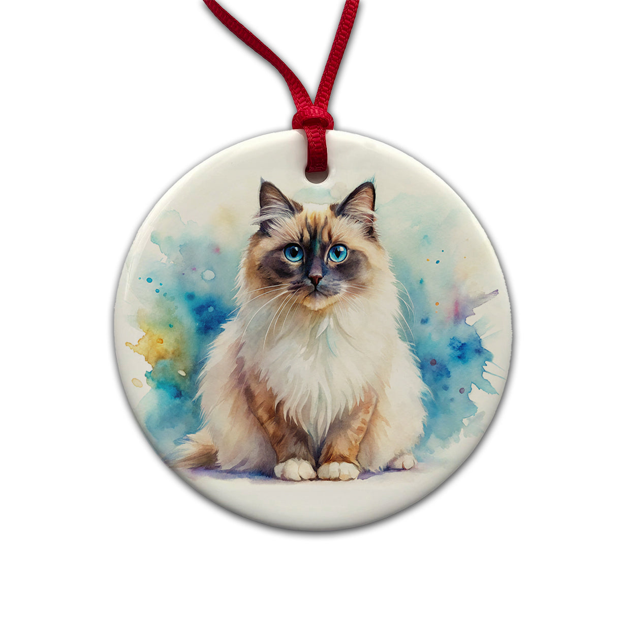 Birman Cat Watercolor Style Round Ceramic Holiday Christmas Tree Ornament