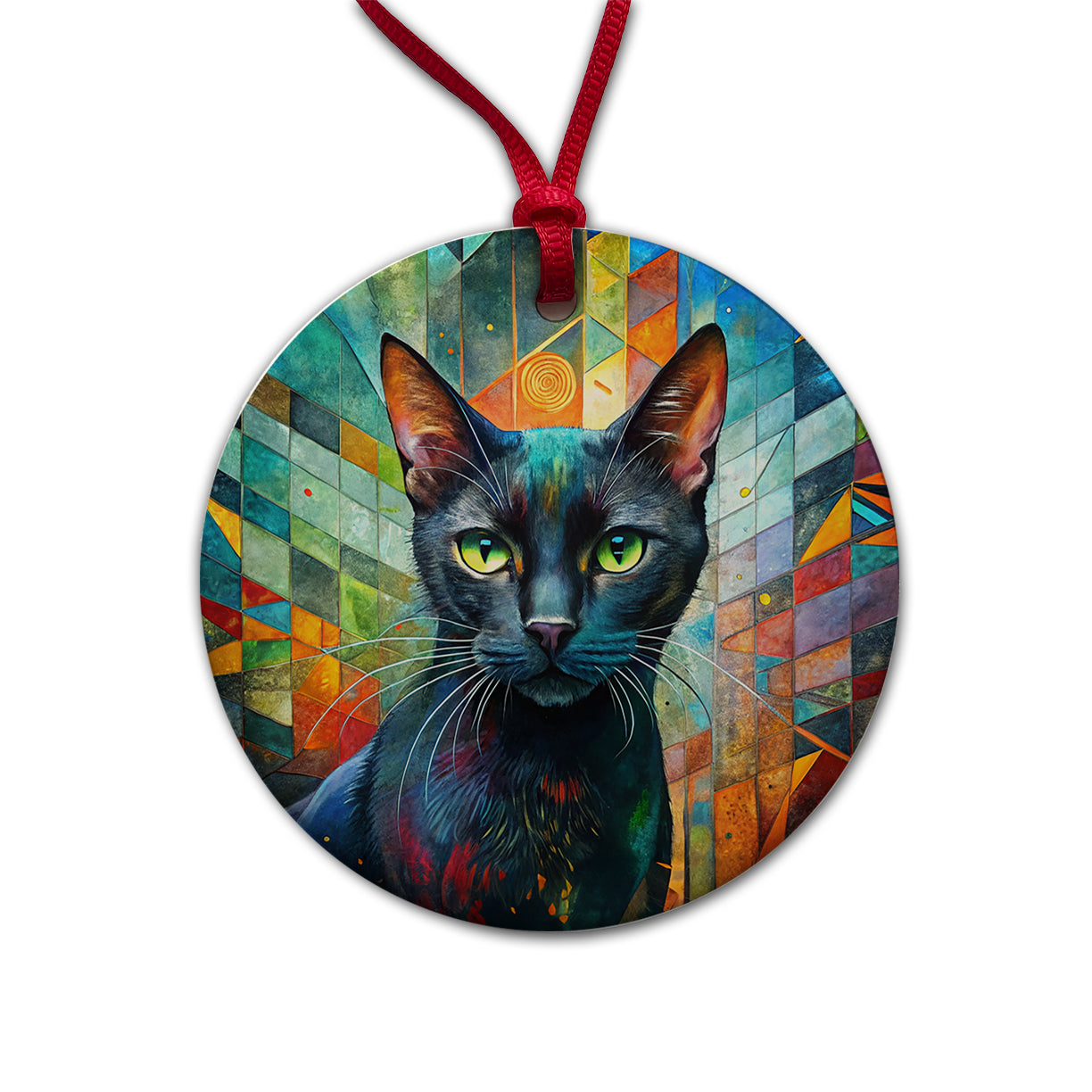 Bombay Black Cat Abstract Art Round Ceramic Holiday Christmas Tree Ornament