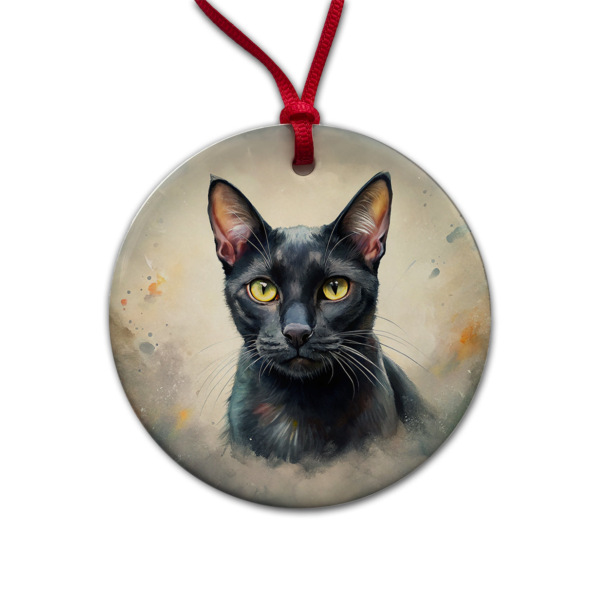 Bombay Black Cat Illustration Round Ceramic Holiday Christmas Tree Ornament