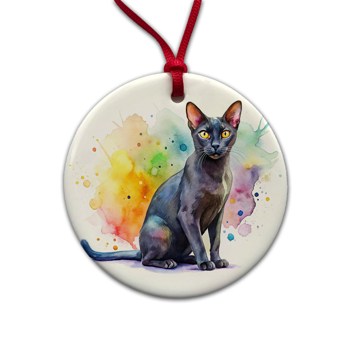 Bombay Black Cat Watercolor Style Round Ceramic Holiday Christmas Tree Ornament