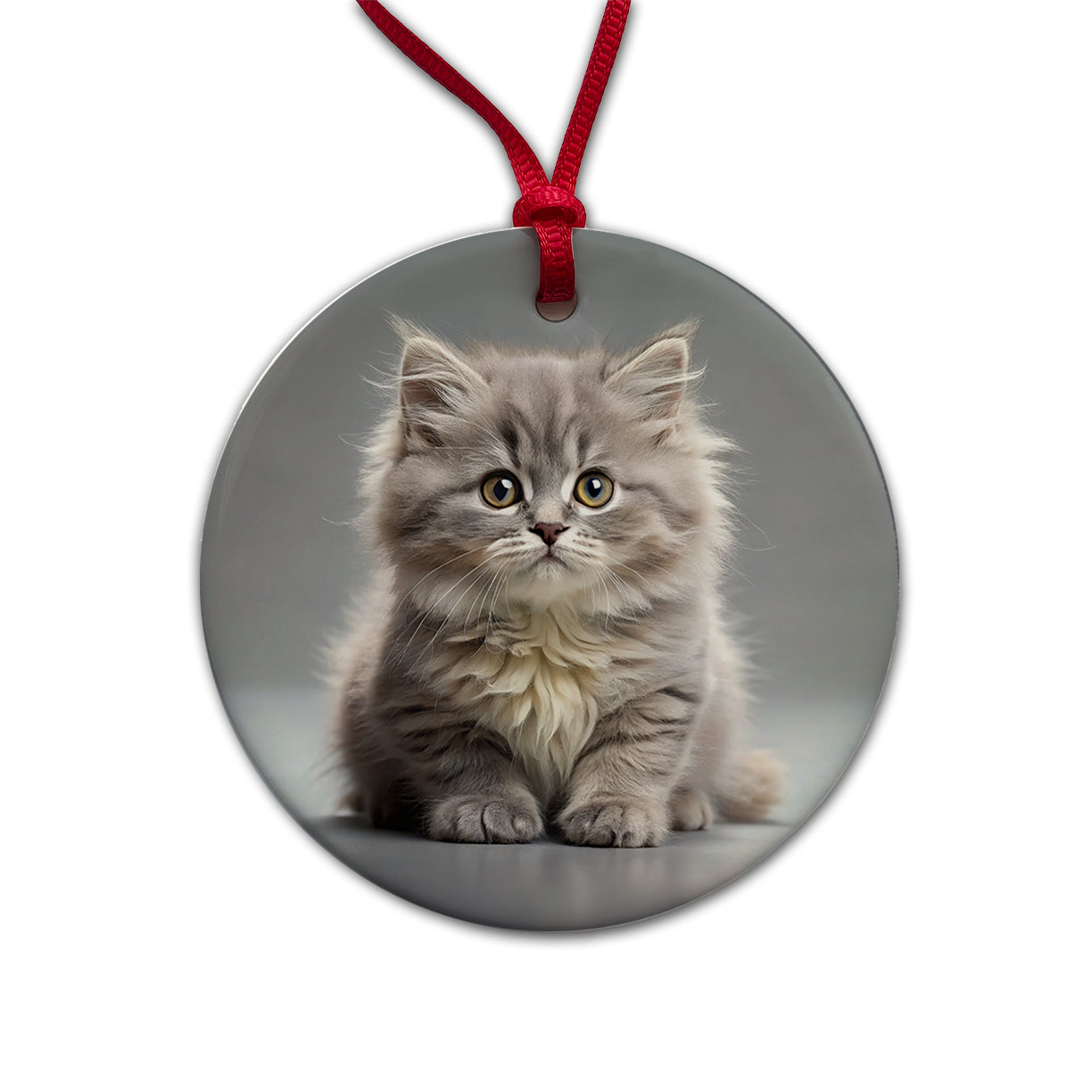 British Longhair Gray Cat Kitten Photo Round Ceramic Holiday Christmas Tree Ornament