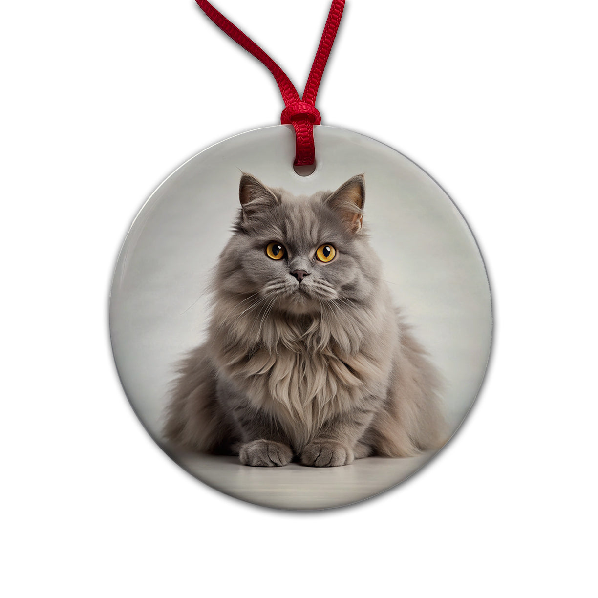 British Longhair Gray Cat Photo Round Ceramic Holiday Christmas Tree Ornament
