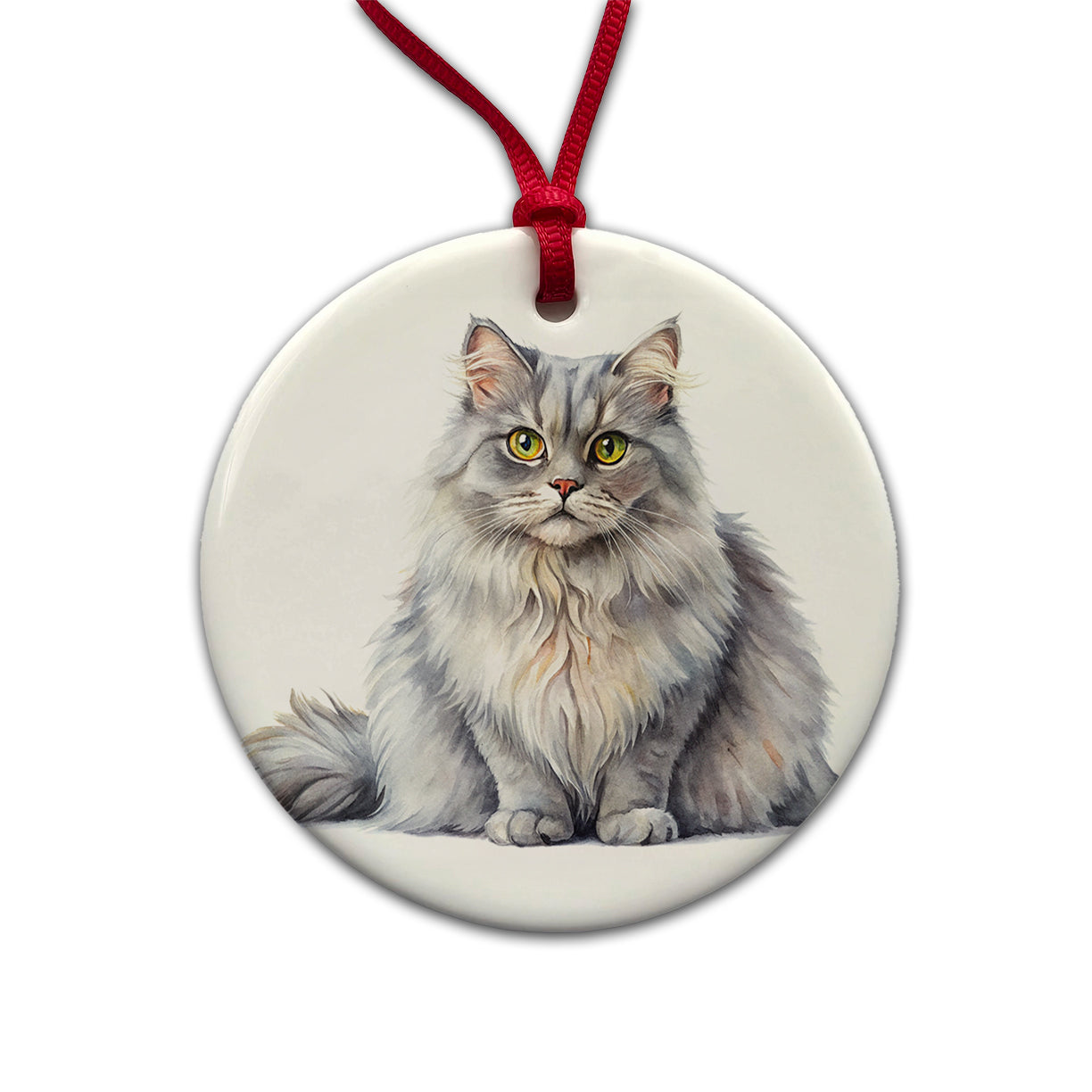British Longhair Gray Cat Watercolor Style Round Ceramic Holiday Christmas Tree Ornament