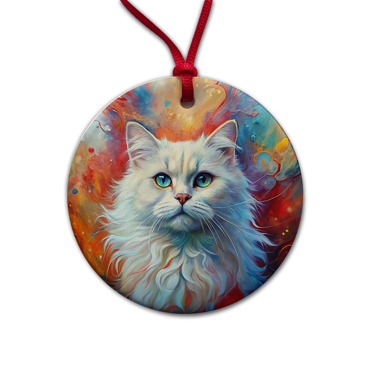 British Longhair White Cat Abstract Art Round Ceramic Holiday Christmas Tree Ornament
