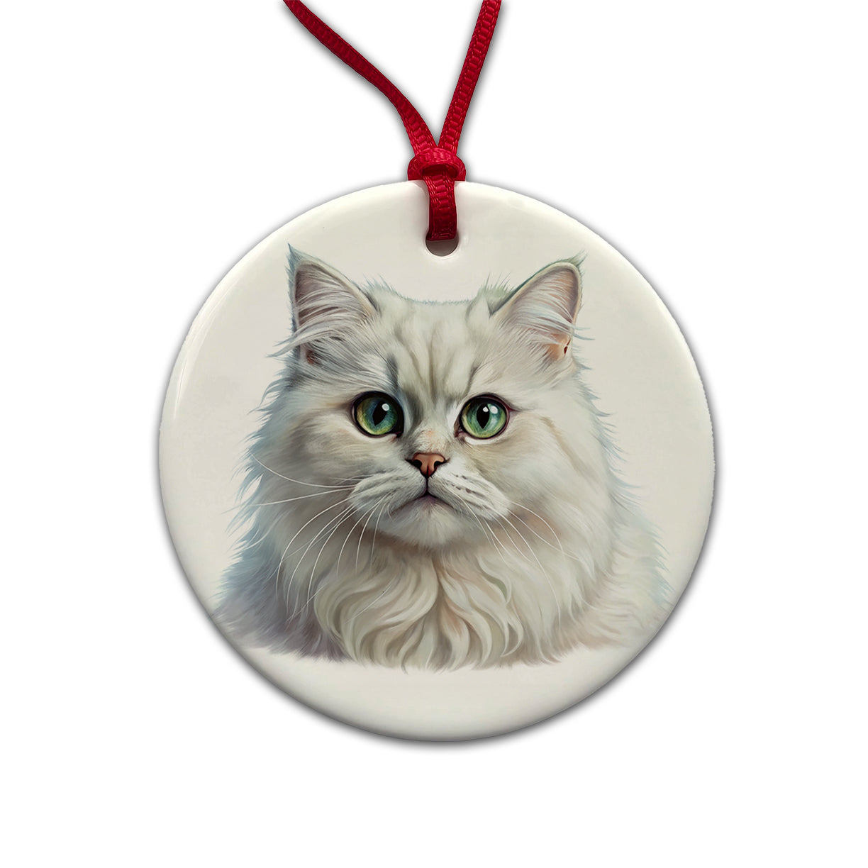 British Longhair White Cat Illustration Round Ceramic Holiday Christmas Tree Ornament