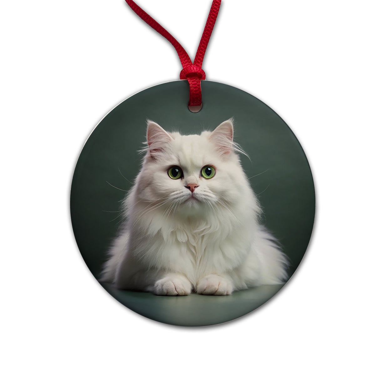 British Longhair White Cat Photo Round Ceramic Holiday Christmas Tree Ornament
