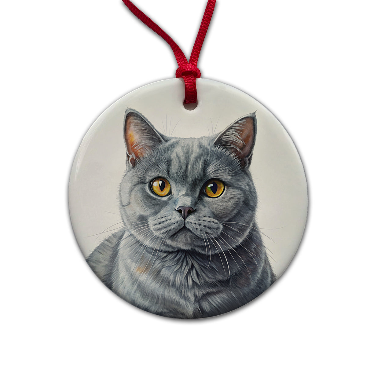 British Shorthair Gray Cat Illustration Round Ceramic Holiday Christmas Tree Ornament