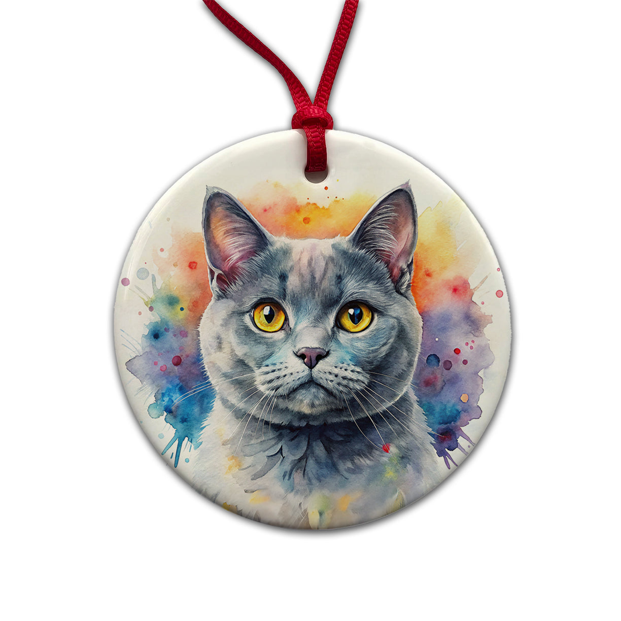 British Shorthair Gray Cat Watercolor Style Round Ceramic Holiday Christmas Tree Ornament