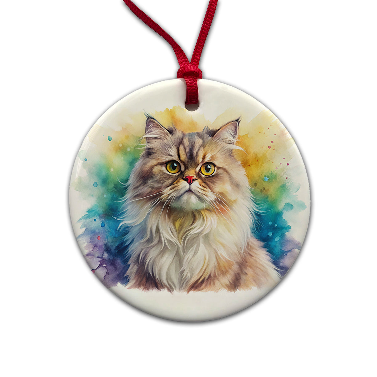 Classic Persian Cat Watercolor Style Round Ceramic Holiday Christmas Tree Ornament
