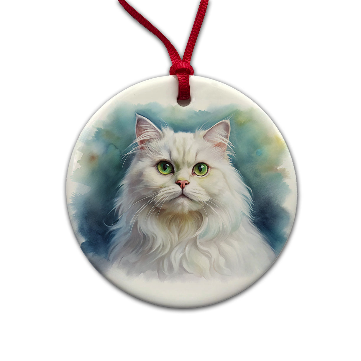 Classic Persian White Cat Watercolor Style Round Ceramic Holiday Christmas Tree Ornament
