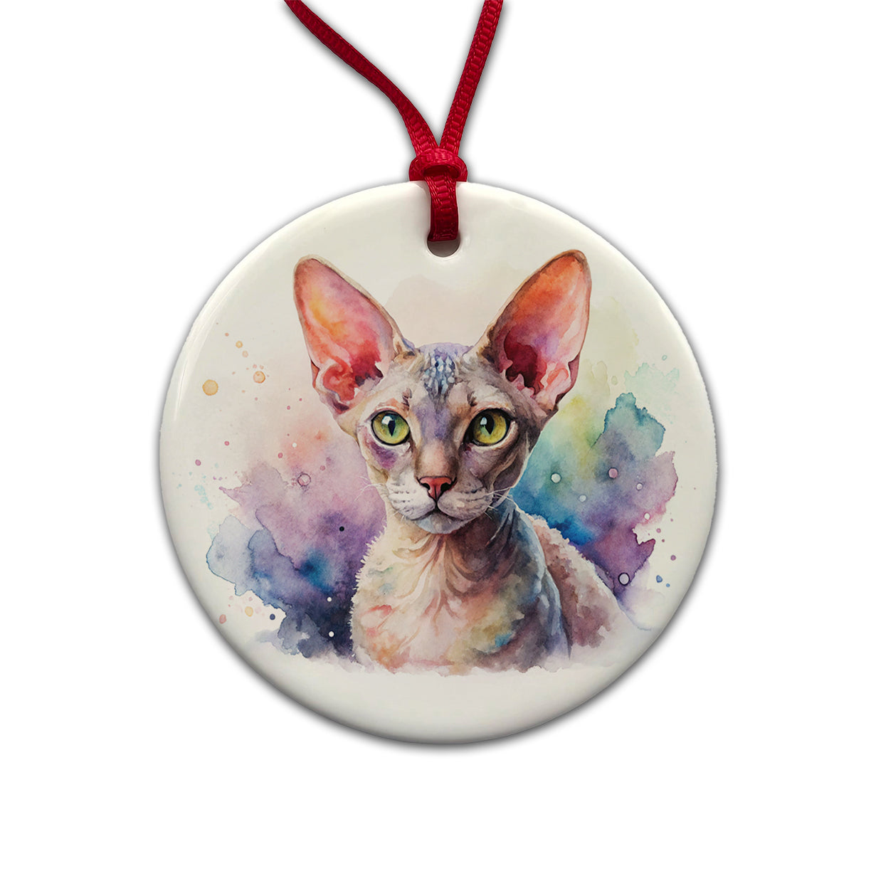 Devon Rex Cat Watercolor Style Round Ceramic Holiday Christmas Tree Ornament