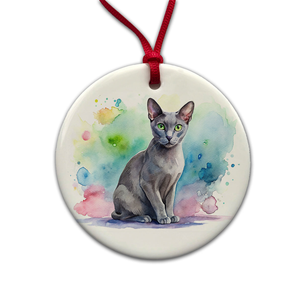 Korat Cat Watercolor Style Round Ceramic Holiday Christmas Tree Ornament