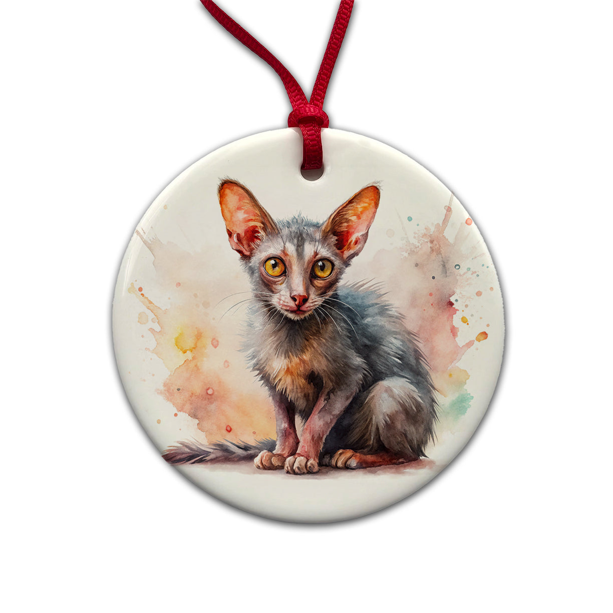Lykoi Wolf Cat Watercolor Style Round Ceramic Holiday Christmas Tree Ornament