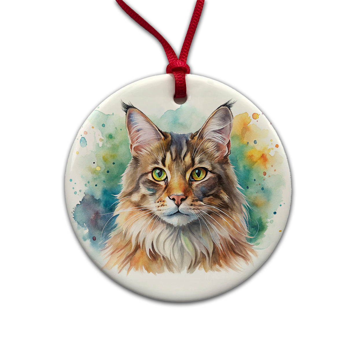 Maine Coon Cat Watercolor Style Round Ceramic Holiday Christmas Tree Ornament