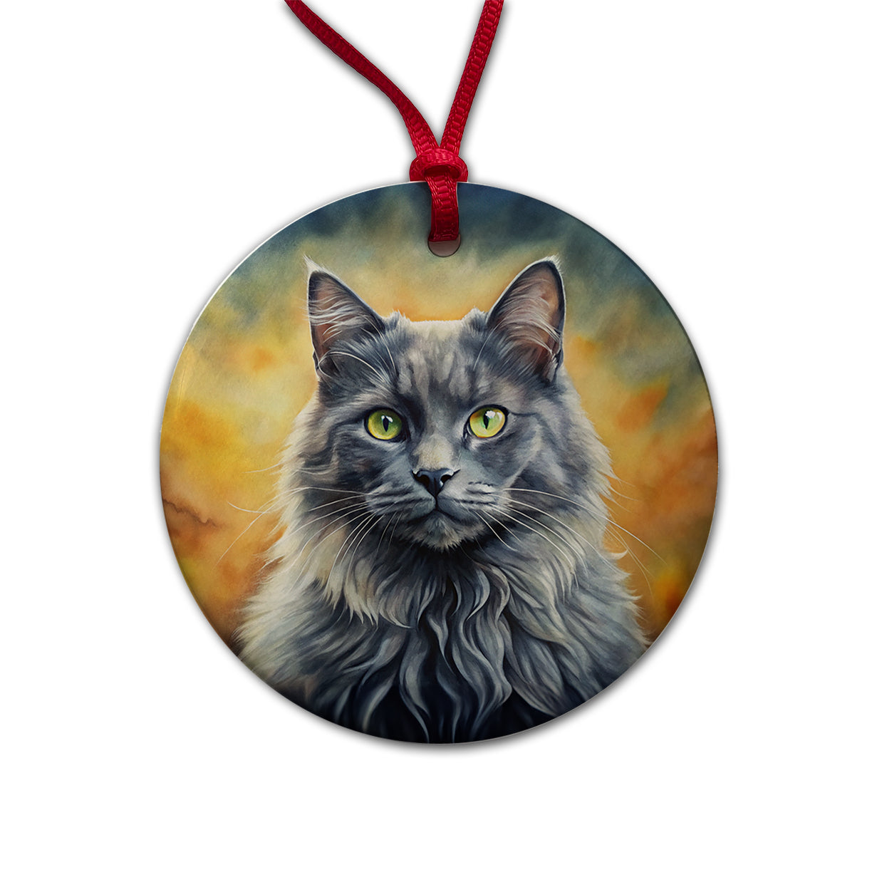 Nebelung Cat Illustration Round Ceramic Holiday Christmas Tree Ornament