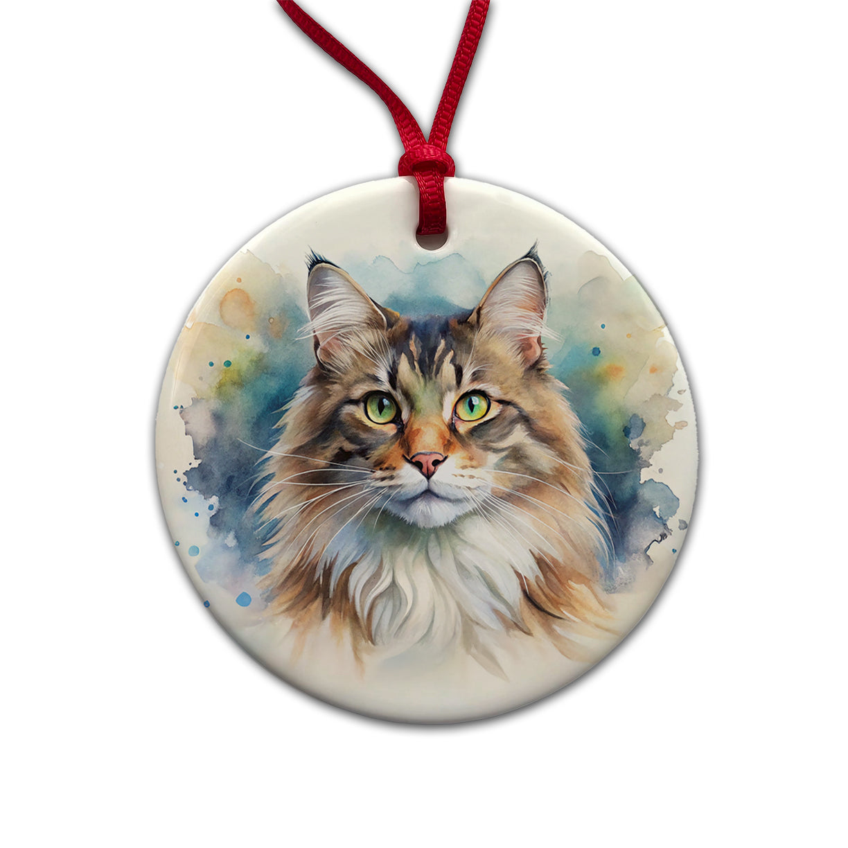 Norwegian Forest Cat Watercolor Style Round Ceramic Holiday Christmas Tree Ornament