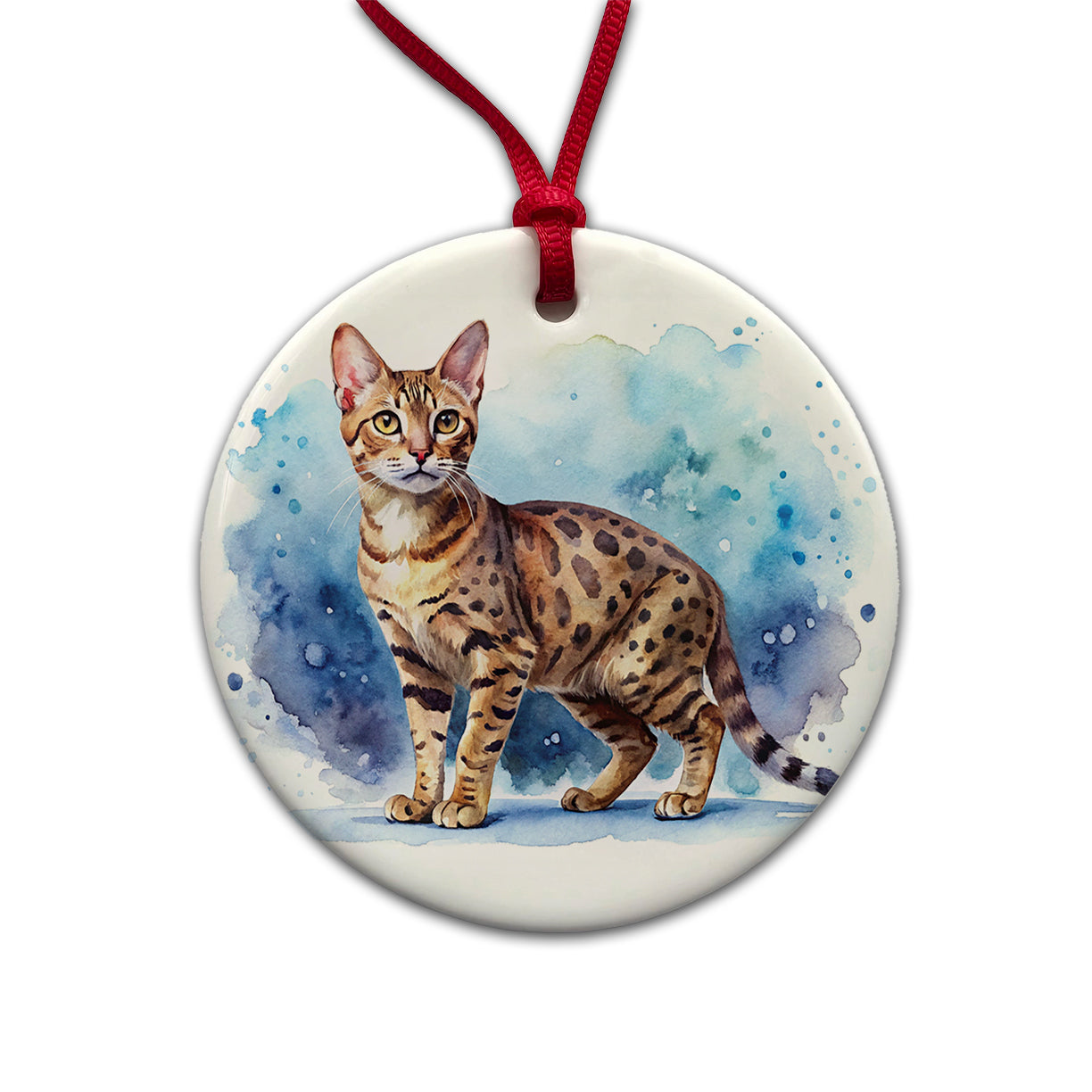 Ocicat Cat Watercolor Style Round Ceramic Holiday Christmas Tree Ornament