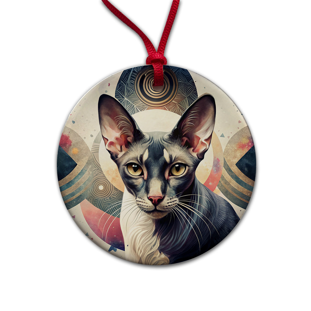 Oriental Shorthair Black White Cat Abstract Art Round Ceramic Holiday Christmas Tree Ornament