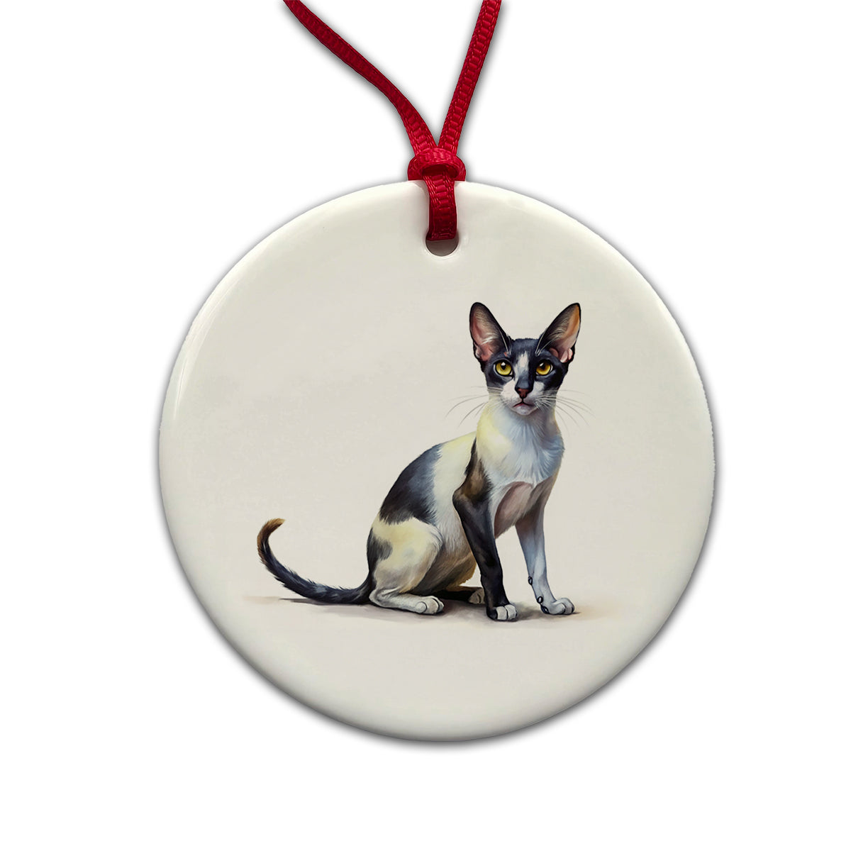 Oriental Shorthair Black White Cat Illustration Round Ceramic Holiday Christmas Tree Ornament