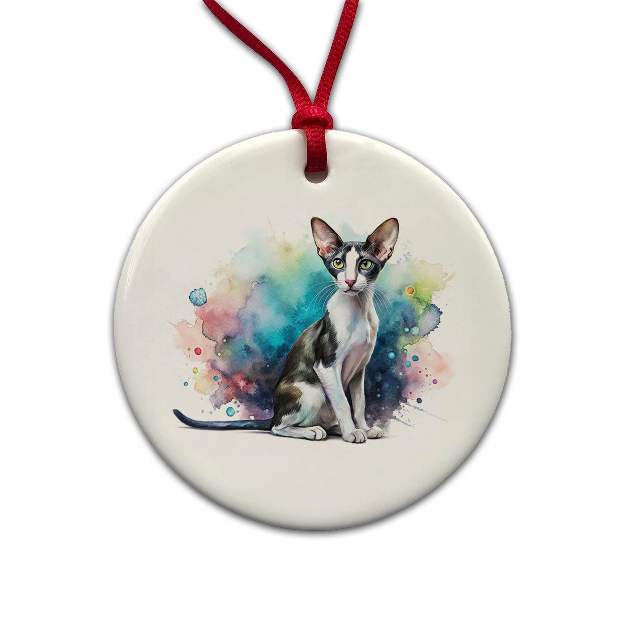 Oriental Shorthair Black White Cat Watercolor Round Ceramic Holiday Christmas Tree Ornament