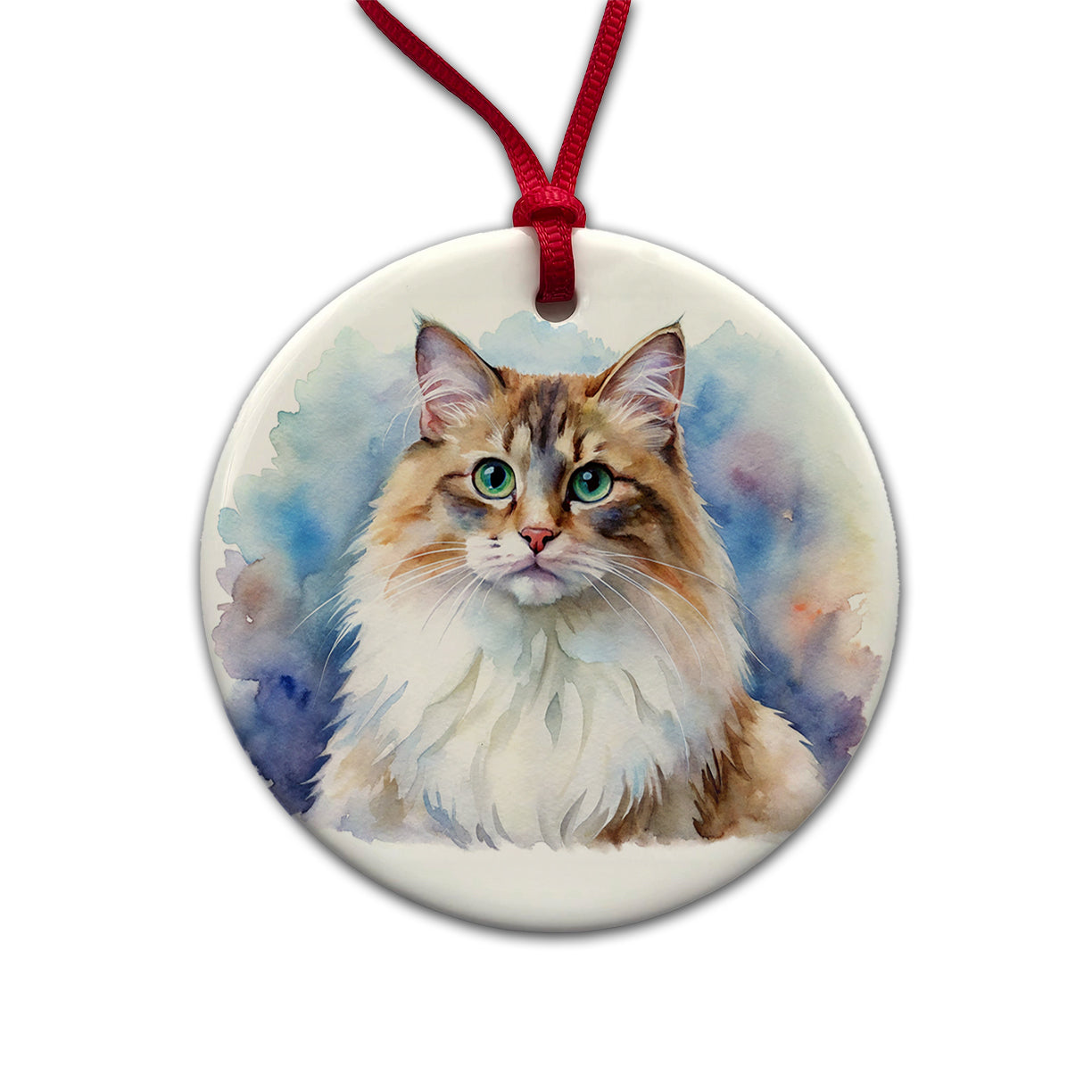 Ragamuffin Cat Watercolor Style Round Ceramic Holiday Christmas Tree Ornament