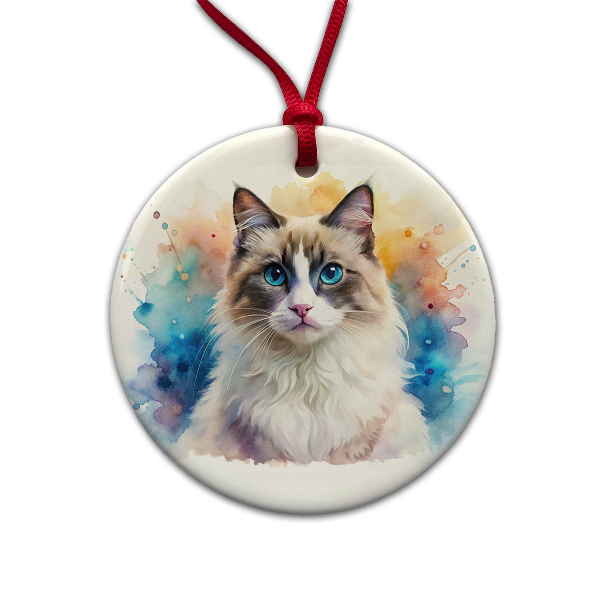 Ragdoll Cat Watercolor Style Round Ceramic Holiday Christmas Tree Ornament
