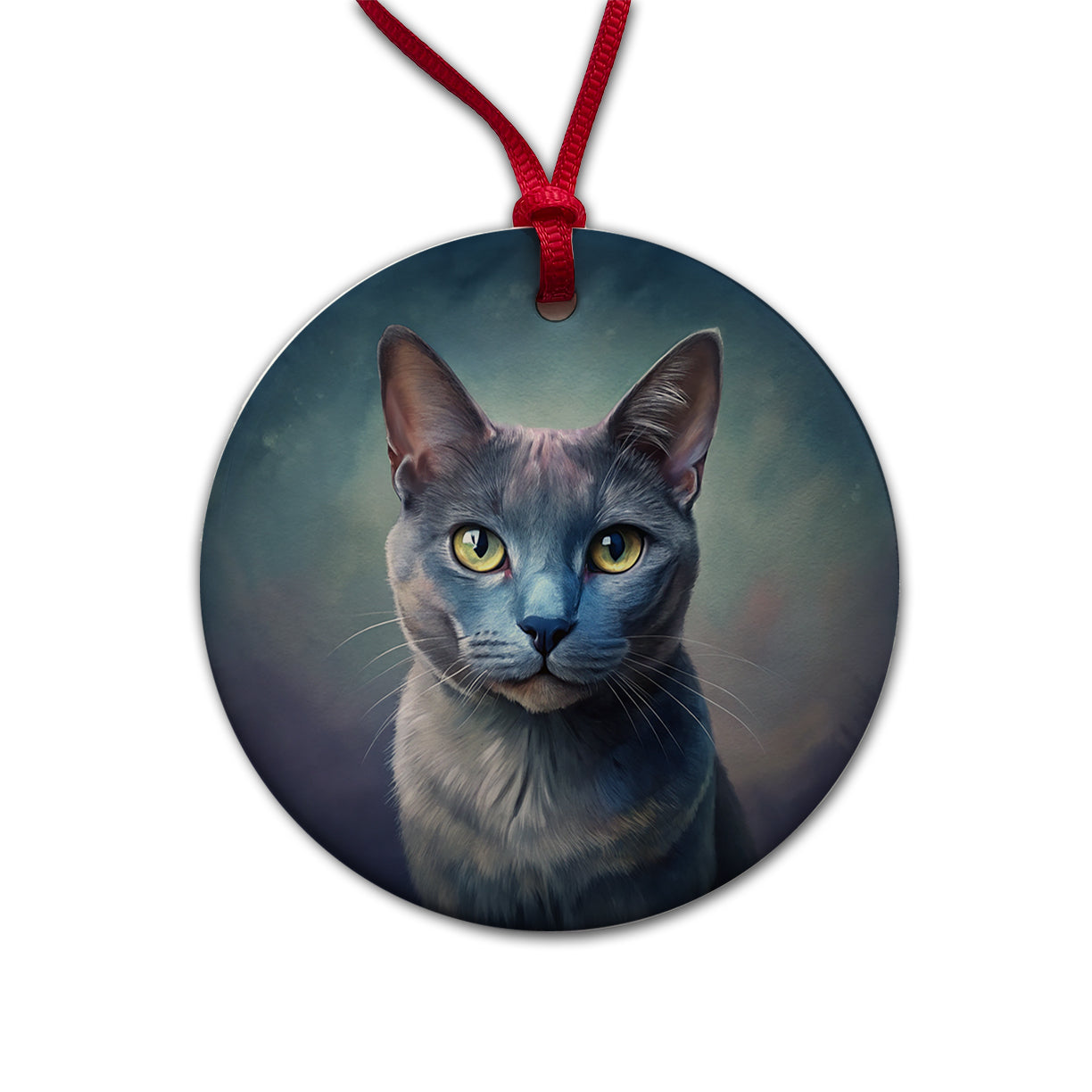 Russian Blue Cat Illustration Round Ceramic Holiday Christmas Tree Ornament