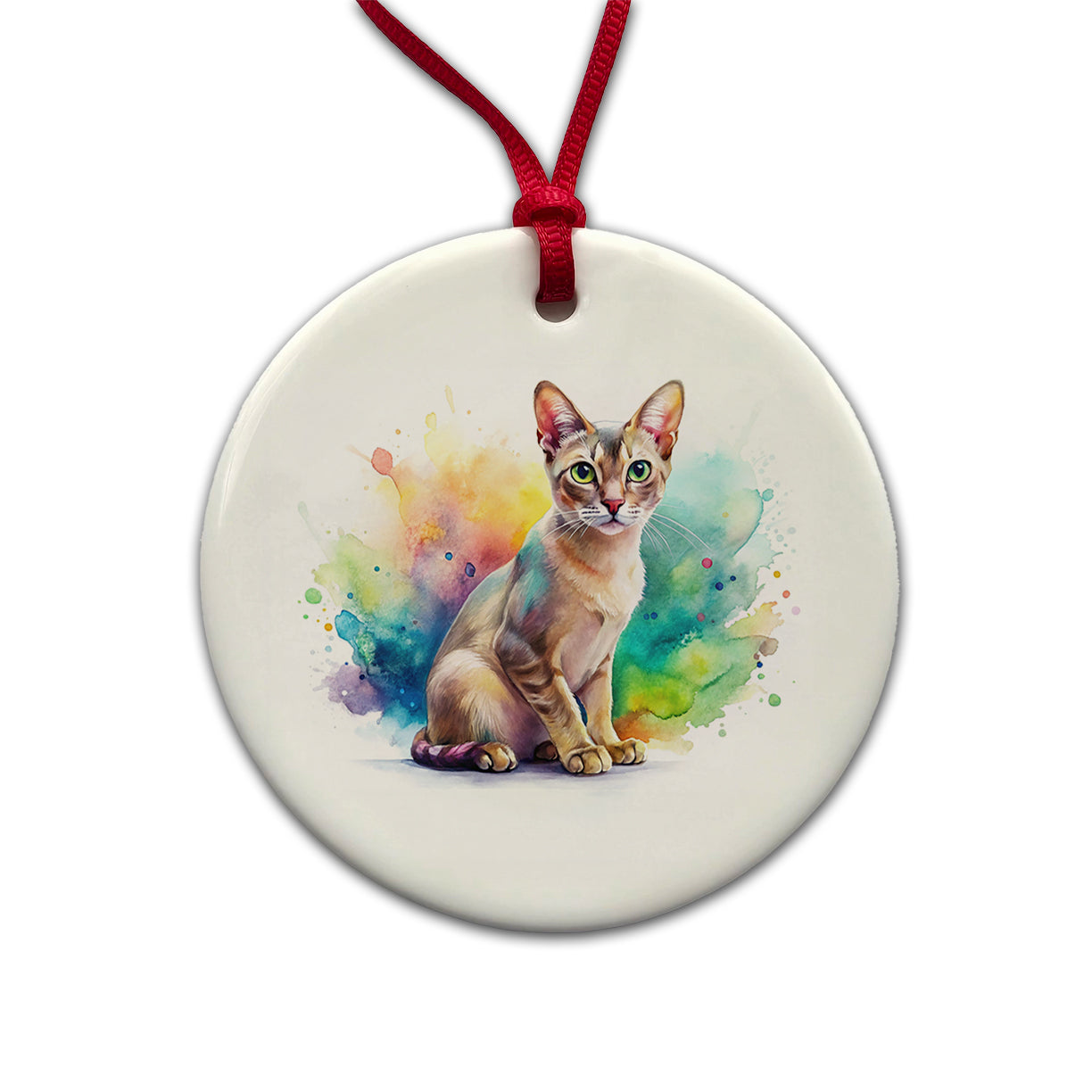 Singapura Cat Watercolor Style Round Ceramic Holiday Christmas Tree Ornament