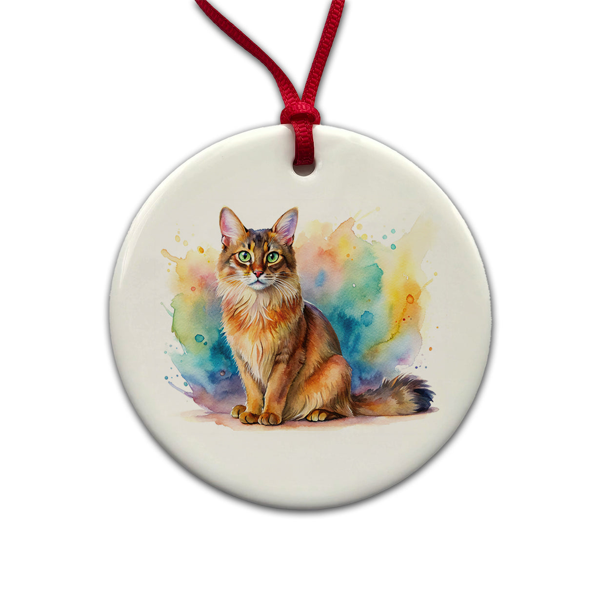 Somali Cat Watercolor Style Round Ceramic Holiday Christmas Tree Ornament