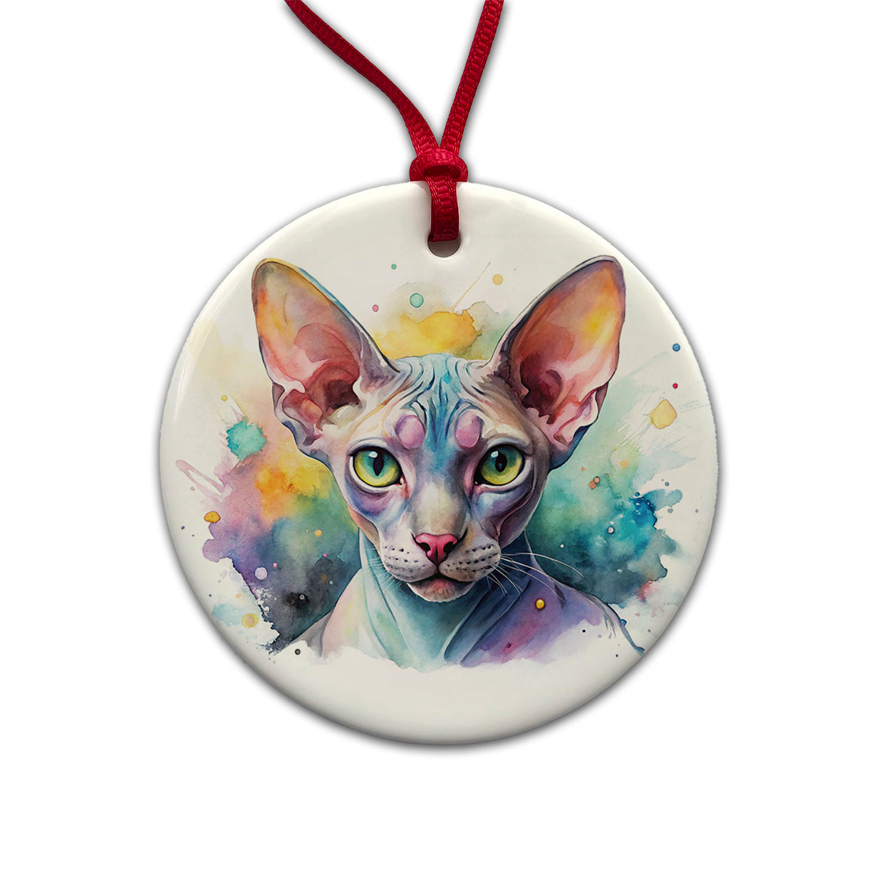 Sphynx Cat Watercolor Style Round Ceramic Holiday Christmas Tree Ornament