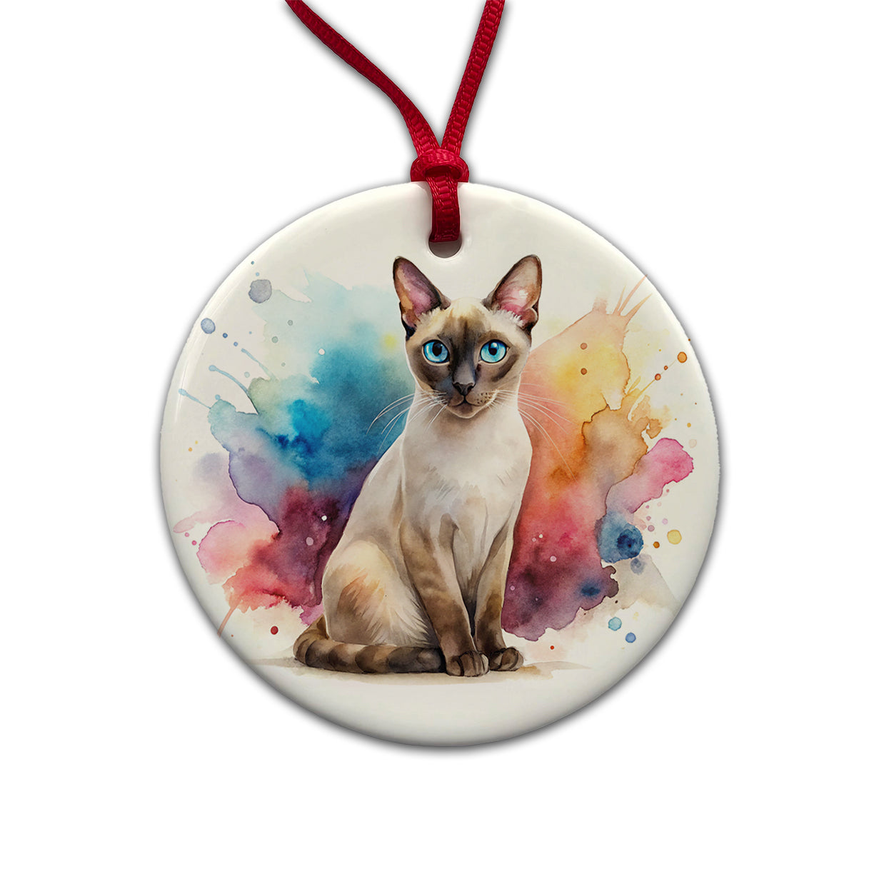 Tonkinese Cat Watercolor Style Round Ceramic Holiday Christmas Tree Ornament