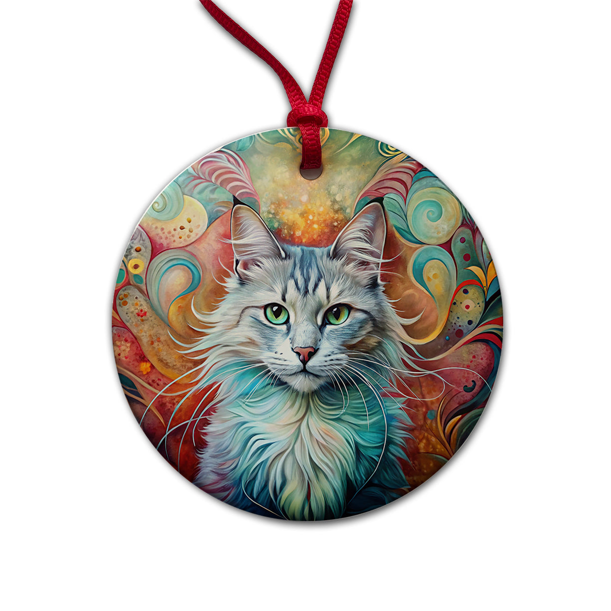 Turkish Angora Cat Abstract Art Round Ceramic Holiday Christmas Tree Ornament