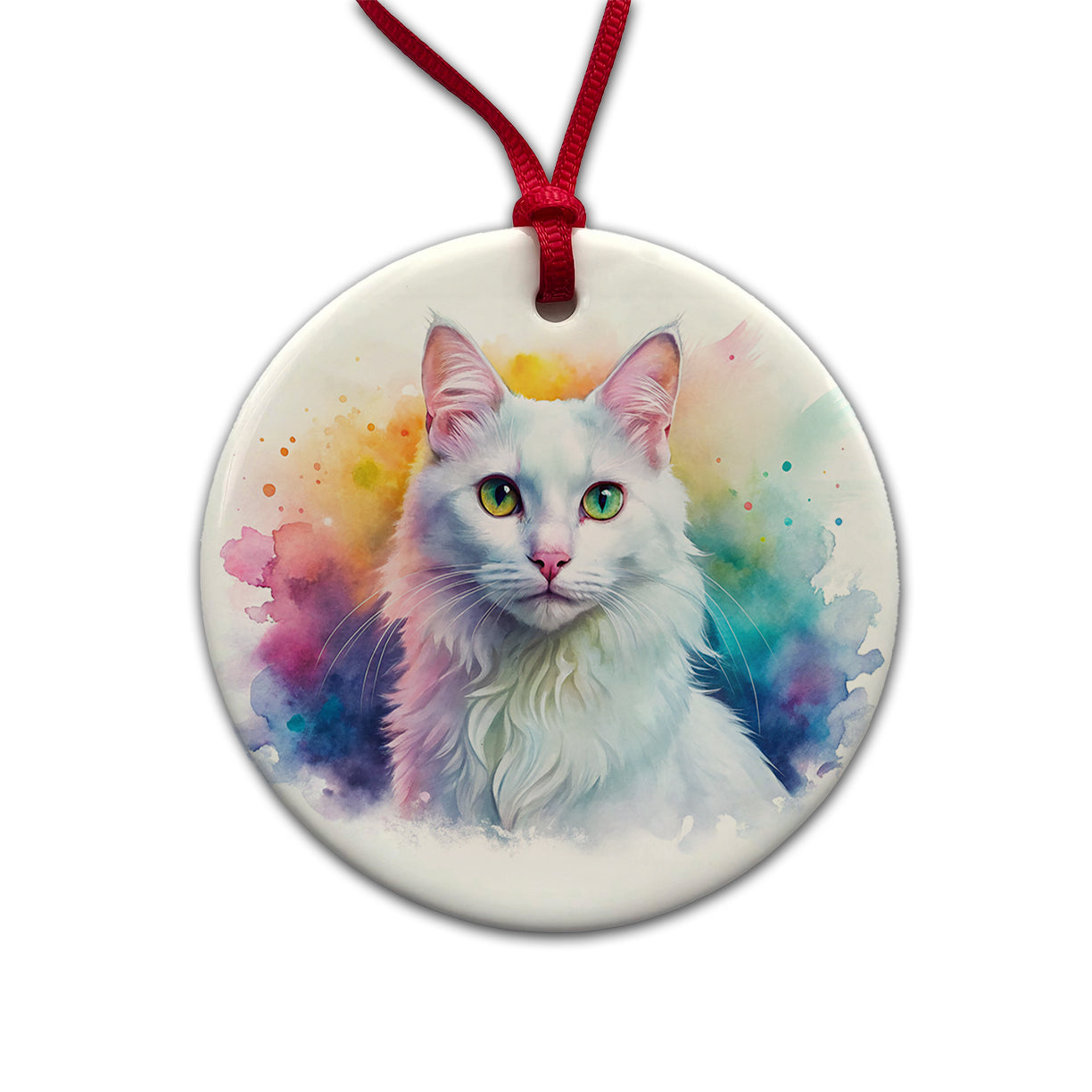 Turkish Angora Cat Watercolor Style Round Ceramic Holiday Christmas Tree Ornament