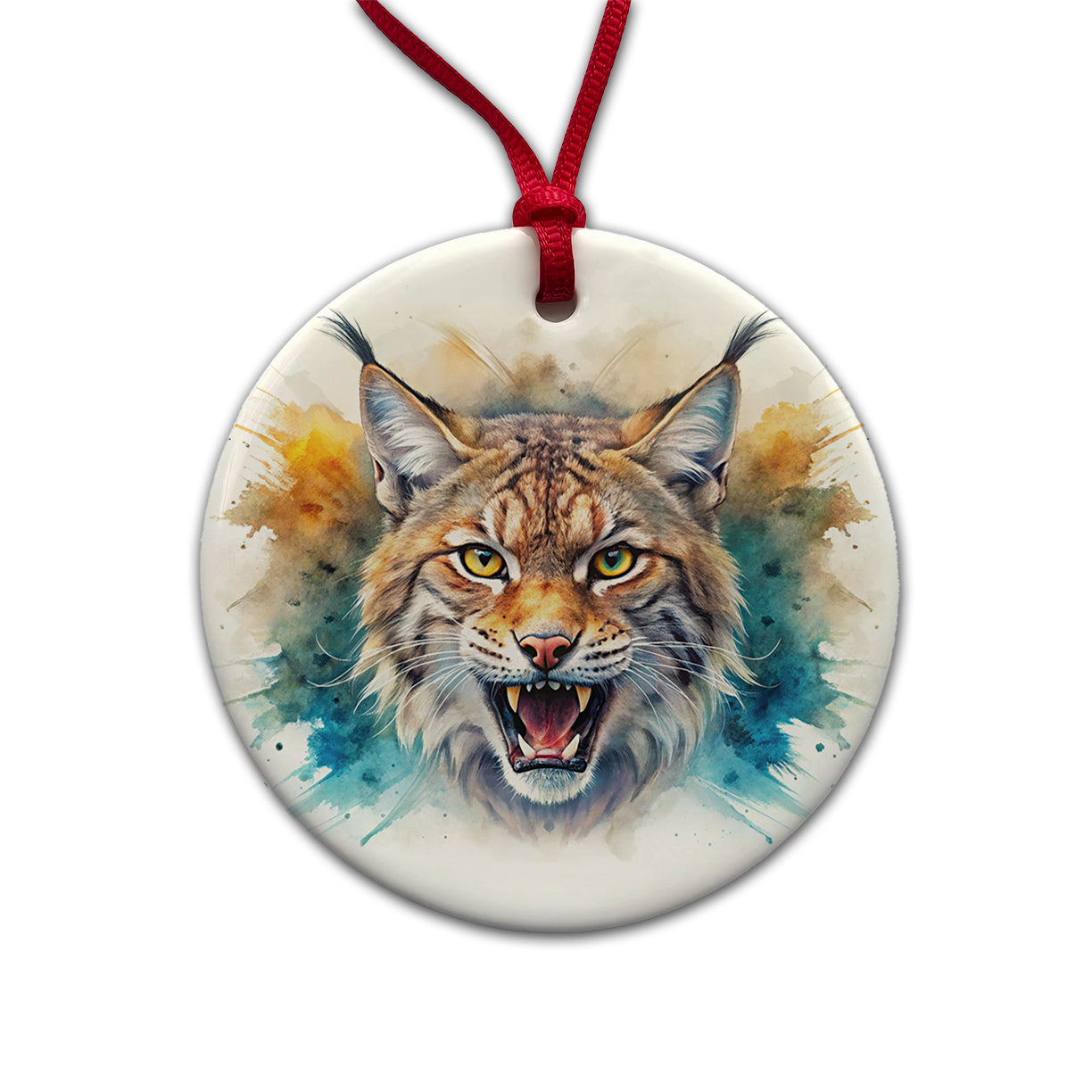 Angry Bobcat Watercolor Design Round Ceramic Holiday Christmas Tree Ornament