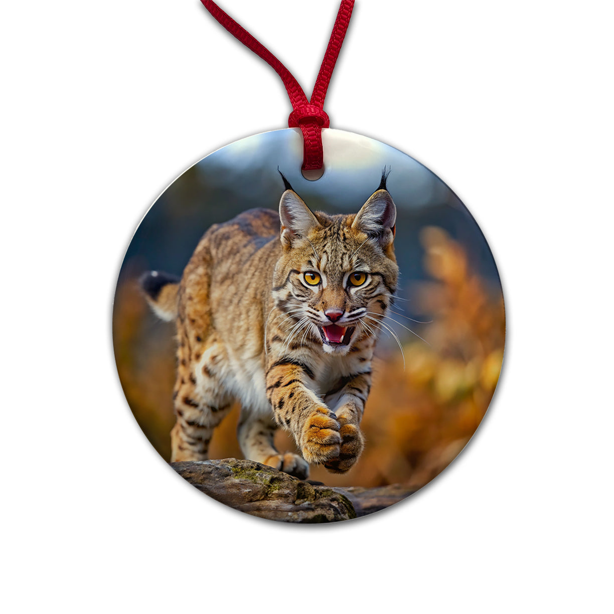 Bobcat Leaping To Catch Prey Round Ceramic Holiday Christmas Tree Ornament