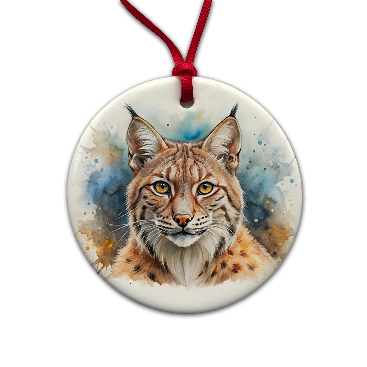 Bobcat Watercolor Design Round Ceramic Holiday Christmas Tree Ornament