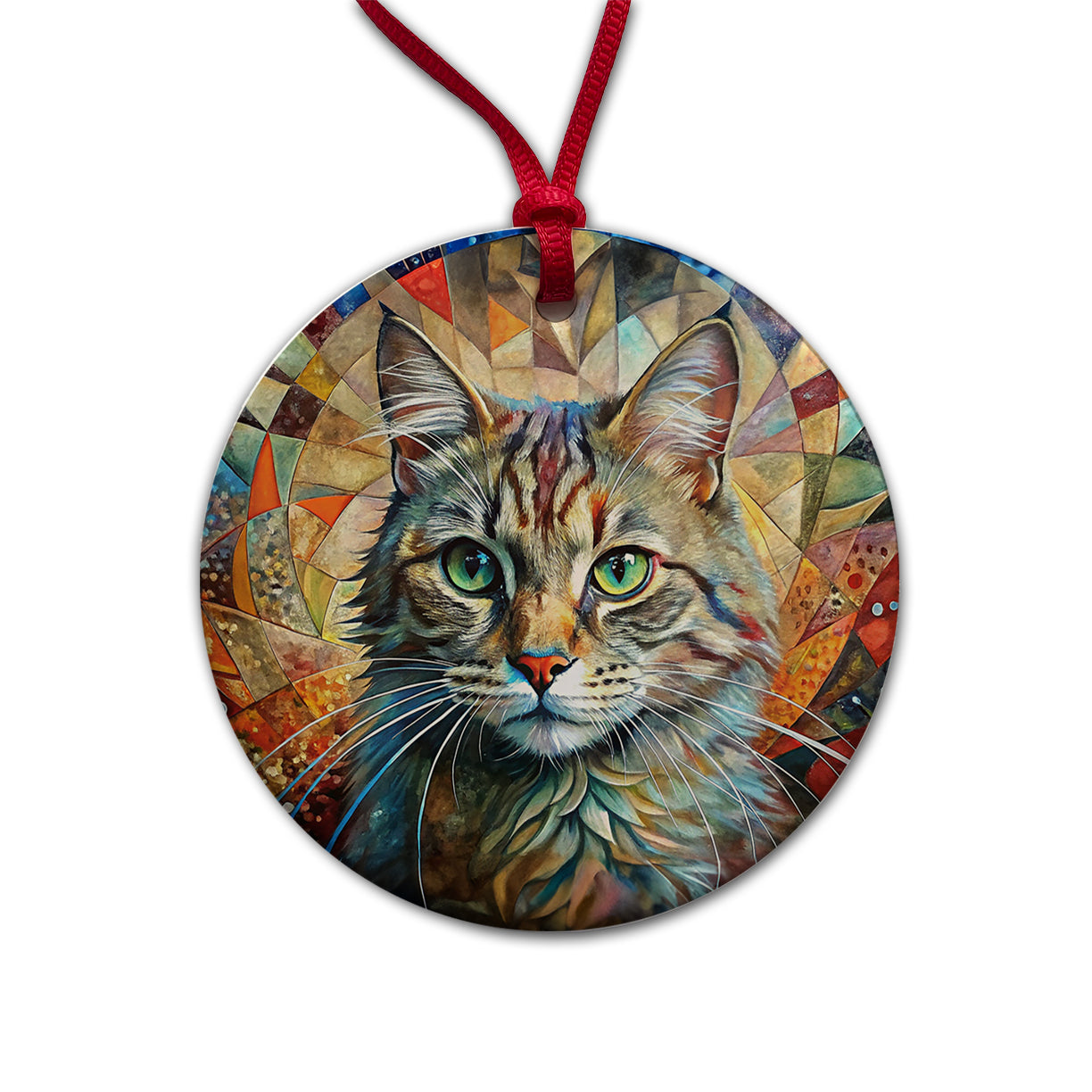 Cute Tabby Cat Abstract Art Round Ceramic Holiday Christmas Tree Ornament