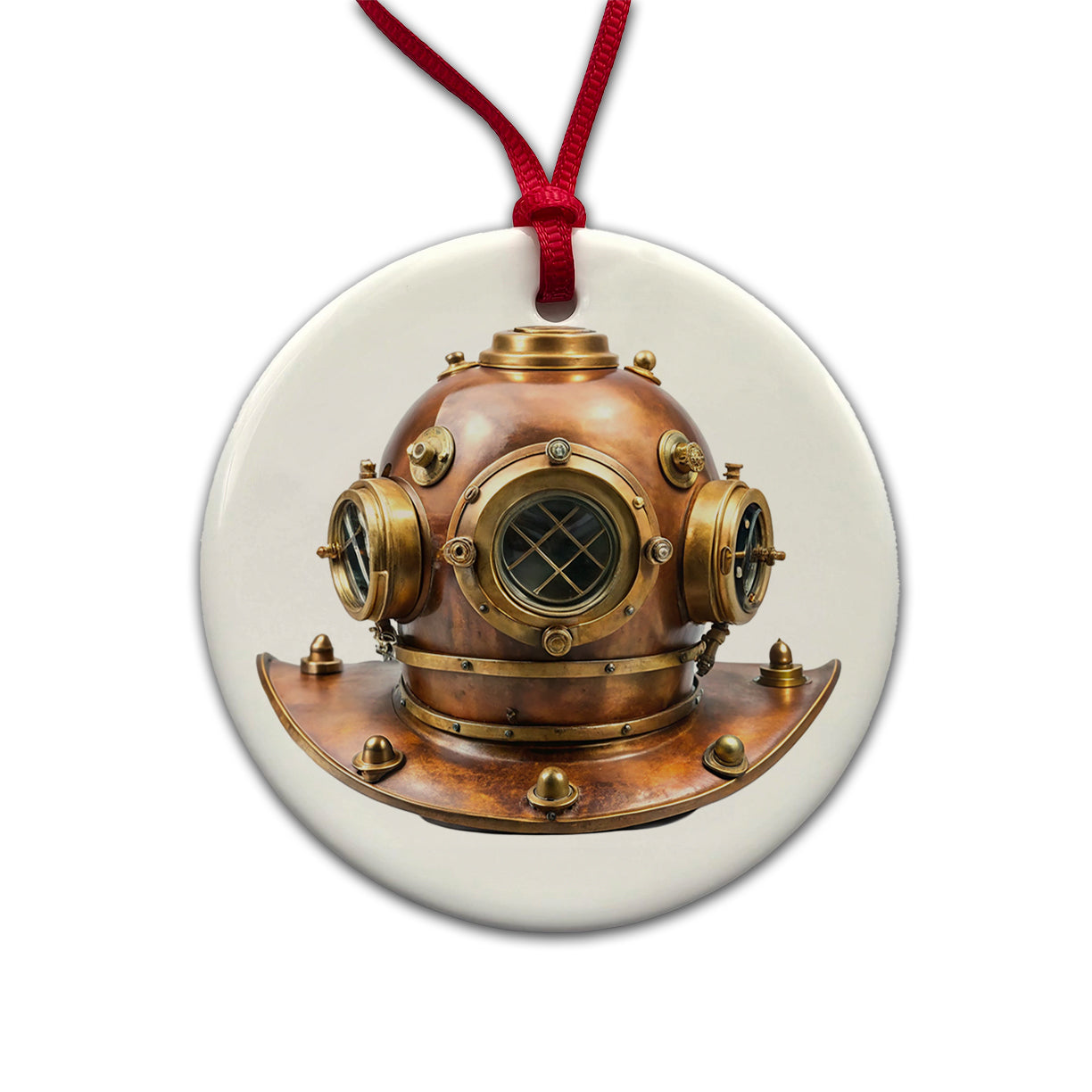 Retro Copper And Brass Diving Helmet Round Ceramic Holiday Christmas Tree Ornament