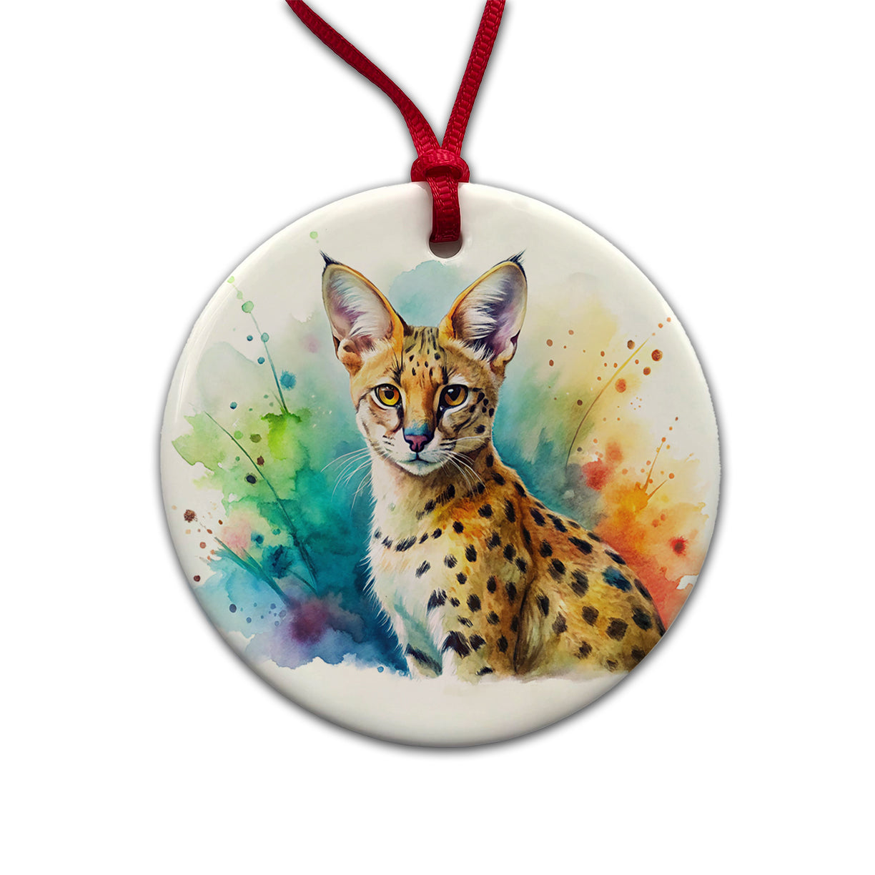 Serval Wild Cat Watercolor Design Round Ceramic Holiday Christmas Tree Ornament