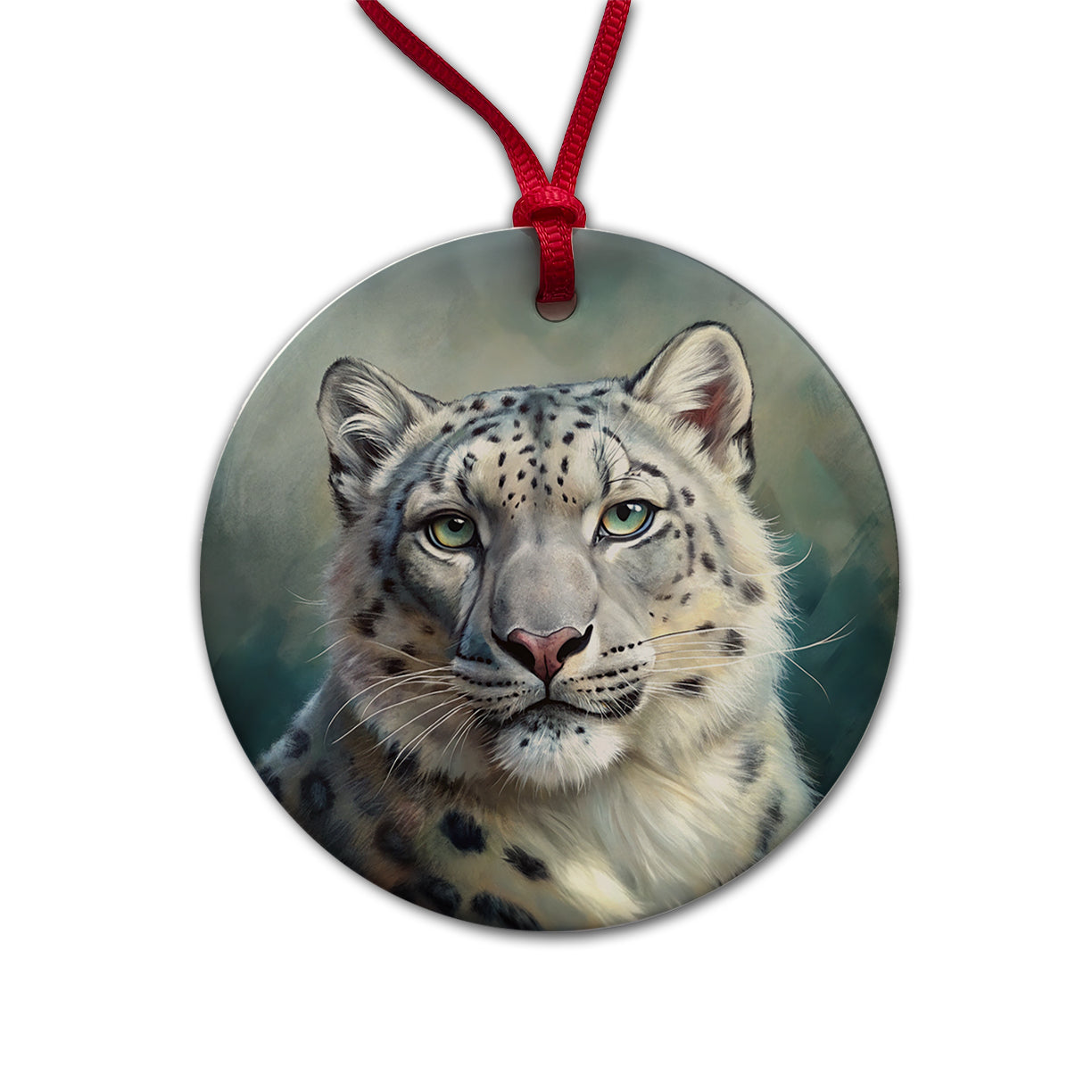 Snow Leopard Illustration Round Ceramic Holiday Christmas Tree Ornament